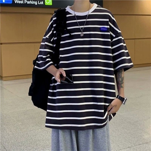 GM0229-P25 条纹短袖男t恤ins宽松学生衣服男女港味chic潮流半袖图片