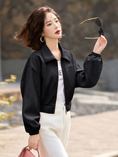 粉色短款皮衣外套女秋秋新款韩版高级感气质休闲百搭PU皮夹克上衣，女装皮衣，臻衣坊