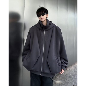 DP9978-P68重磅假两件开衫卫衣男连帽秋冬款廓形美式复古高街外套图片