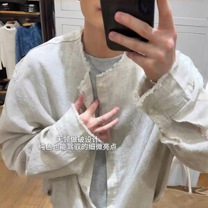 有货DS290-特批38日系复古毛边设计感长袖衬衫男士春秋图片