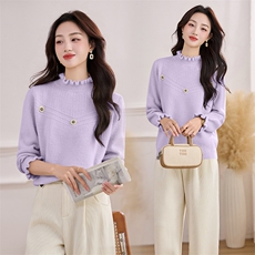 套头打底外穿毛织宽松毛衣带花朵，女装针织衫/毛衣，乐吉娜