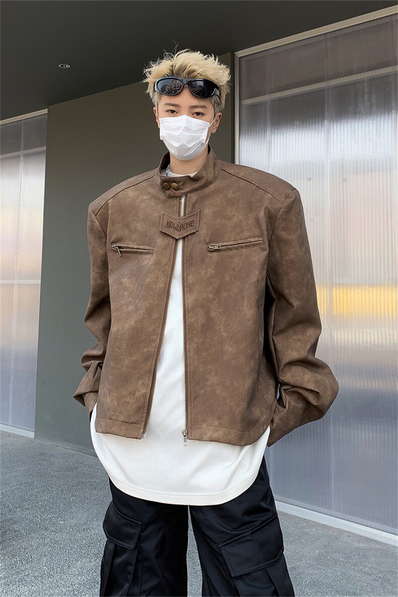 美式复古做旧棕色机车服皮衣外套男春秋小众设计感短款垫肩夹克衫,男装夹克,星座505-2（原电商A260-1)