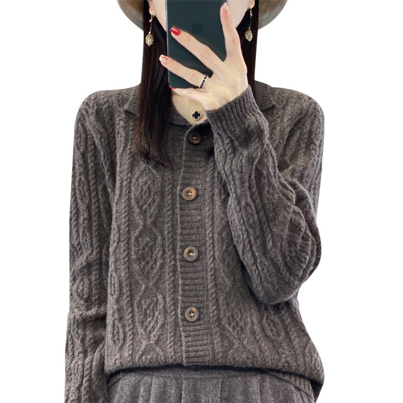秋冬翻领100%羊毛衫绞花开衫女加厚宽松慵懒长袖羊绒针织外套上衣,女装羊毛衫,昭美羊绒