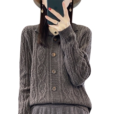 秋冬翻领100%羊毛衫绞花开衫女加厚宽松慵懒长袖羊绒针织外套上衣，女装羊毛衫，昭美羊绒