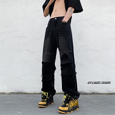 B221美式ins高街暗黑小众撞色破洞直筒牛仔裤LK23109-P65控88，男装牛仔裤，电商B221