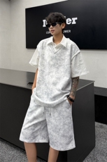 扎染套装西装领休闲春夏套装短袖短裤潮流休闲套装扎染面料特P65，男装牛仔裤，电商B319