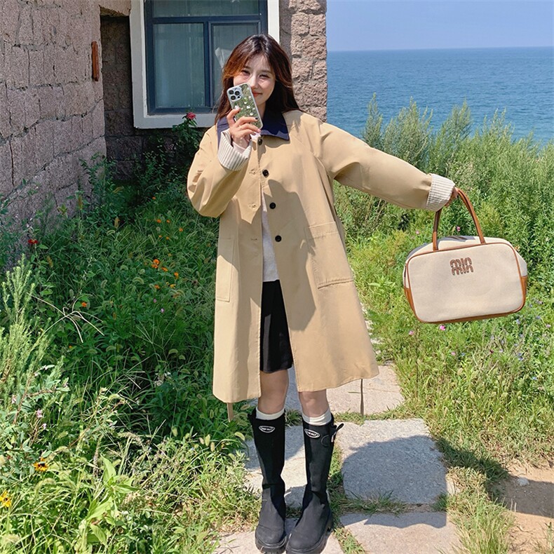 条纹翻边风衣外套女春秋2025新款韩系高级感收腰洋气中长款大衣,女装风衣,蝶眷