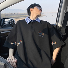 特批P30无差价华夫格刺绣腊肠狗格子翻领宽松短袖T恤男T5172，男装T恤，电商A001-1