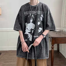 抖音供货、210克现货水洗棉印花宽松版短袖T恤D223A-ST2325-P35，男装T恤，电商019-1