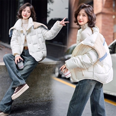 【bao款现货】2024新款冬装百搭重工拼接牛仔仿羊羔毛羽绒服70绒，女装羽绒服，雅静靓衣
