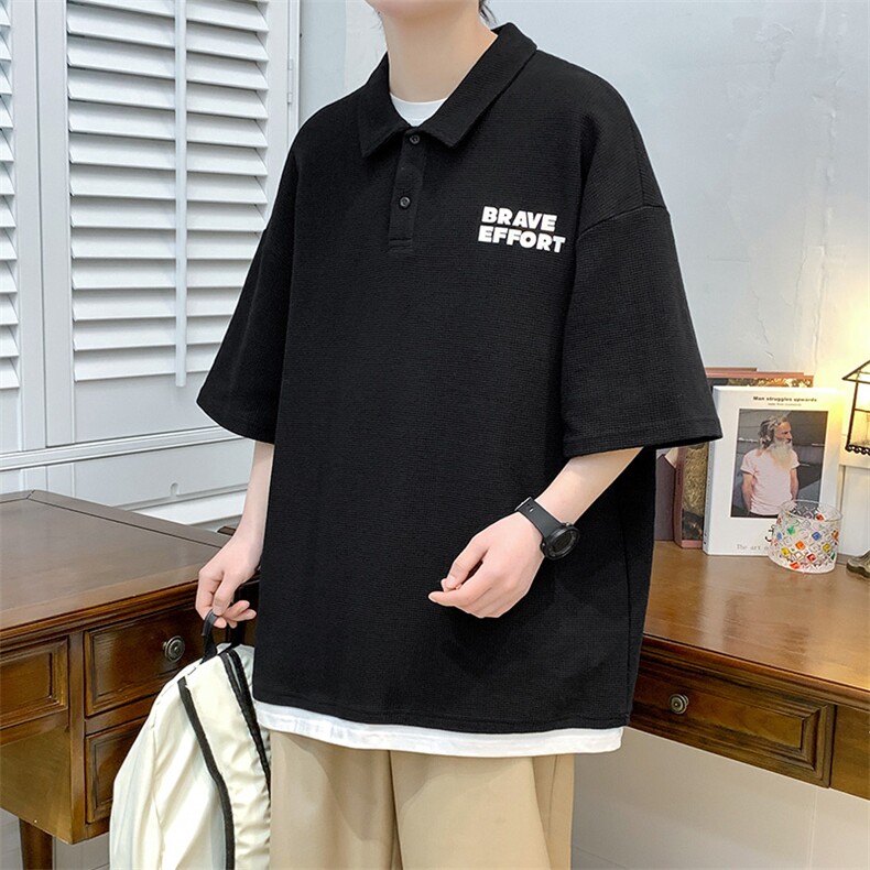 夏季青少年假两件印花半袖百搭港风翻领T恤短袖1500-P45控价68,男装T恤,电商A441-1