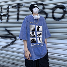 B239-1076-P38复古水洗做旧六宫格印花高街重磅落肩袖短袖T恤，男装T恤，星座514-2(原B239)