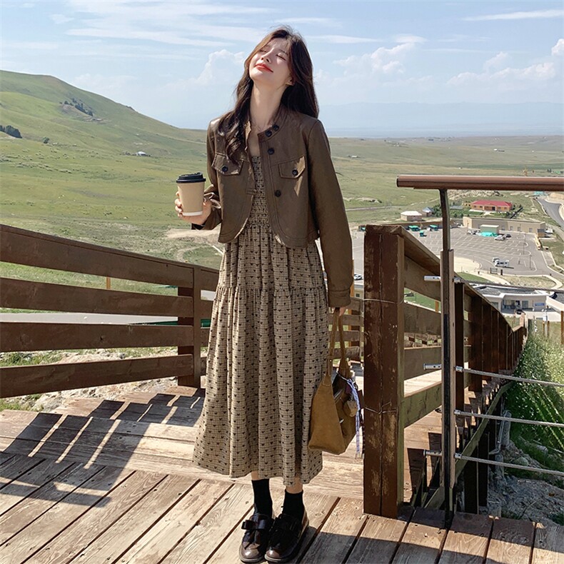美拉德皮衣外套吊带裙套装连衣裙女春秋2025新款洋气减龄两件套,女装套装/套裙,2C122