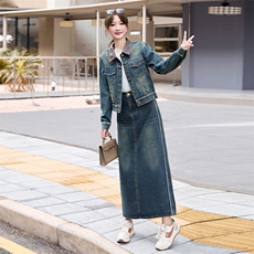 潮牌复古时尚牛仔套装女2024春秋新款洋气炸街短外套阔腿裤两件套，女装套装/套裙，潮流依族