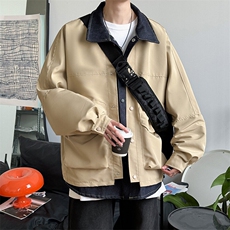 假两件牛仔拼接夹克男宽松休闲大口袋翻领工装外套JK2052-P73，男装夹克，星座308B-1