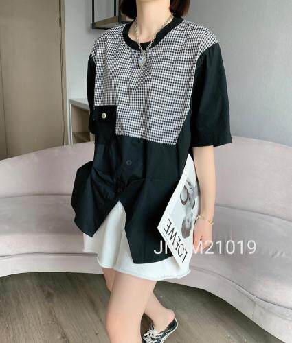 夏季新款、拼格子小衫，女装，简妮依魅