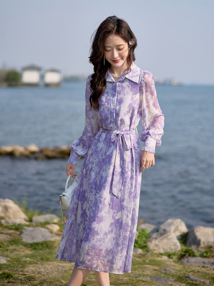 紫色碎花衬衫连衣裙女新款法式独特气质收腰裙子,女装连衣裙,韩蔻秀