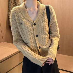 针织开衫女秋冬坑条加厚外套小个子羊毛衫图片