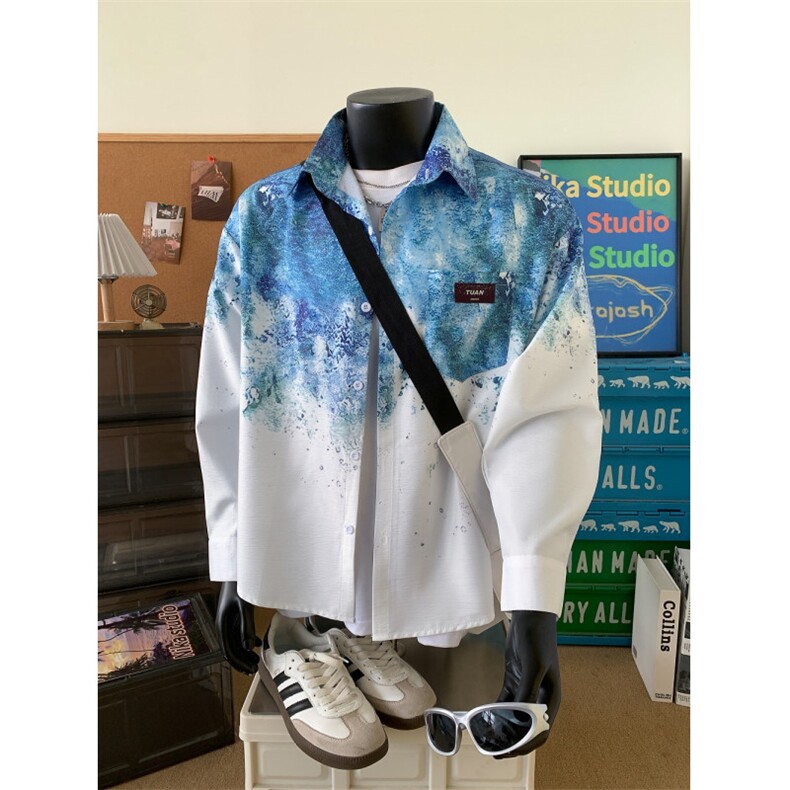 XZ-230-1CS526秋假模宽松百搭轻奢风水墨扎染休闲长袖衬衫P50控68,男装衬衫,星座230-1