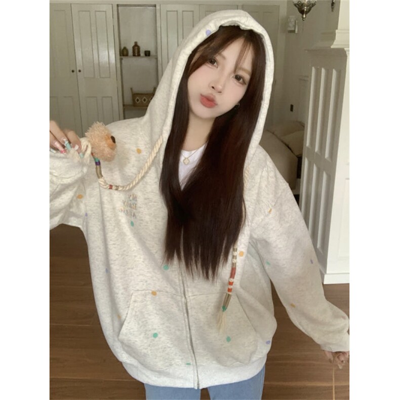 灰色连帽拉链卫衣开衫春秋季2025新款宽松oversize休闲外套上衣,女装短外套,星座601-1