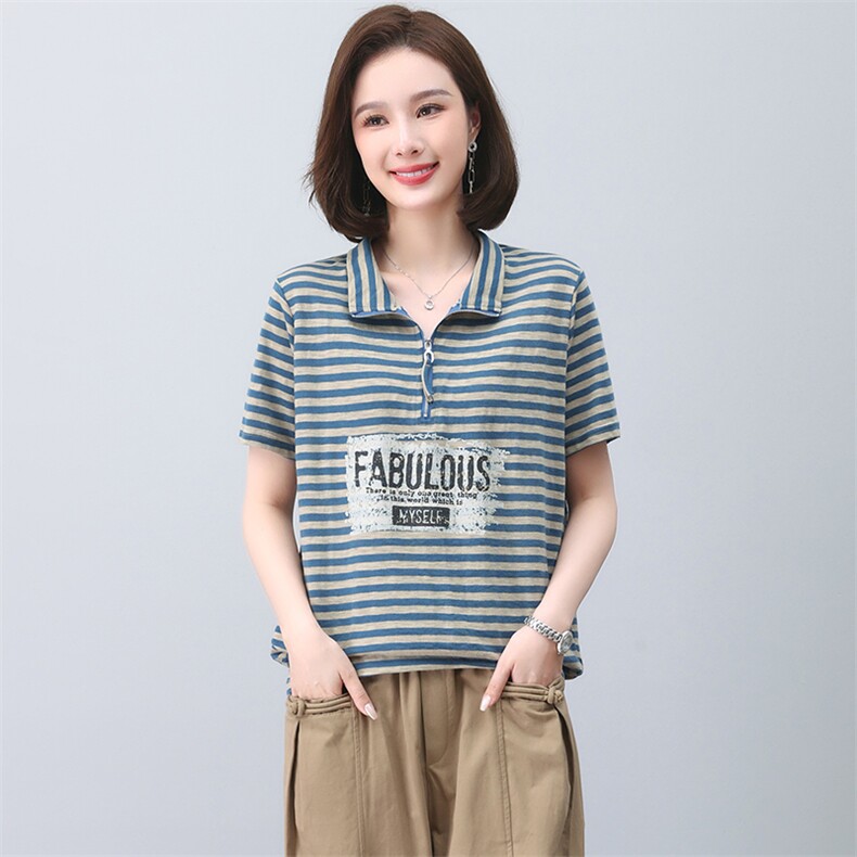 时尚条纹t恤女夏短袖2023新款中年妈妈宽松洋气翻领休闲印花上衣,女装T恤,忆绮罗