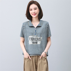 时尚条纹t恤女夏短袖2023新款中年妈妈宽松洋气翻领休闲印花上衣，女装T恤，忆绮罗