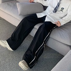 有货。高街开衩休闲裤男女阔腿宽松侧边拼接拉链牛仔裤K6830-P35，男装牛仔裤，星座412-3