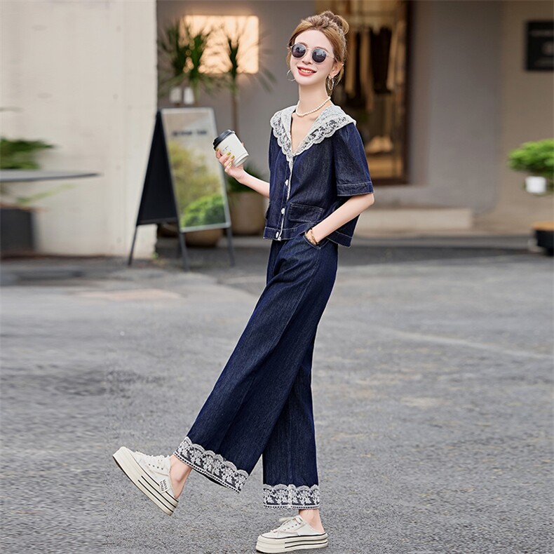 设计感小众牛仔套装女2025夏季新款蕾丝上衣拼接阔腿裤两件套,女装套装/套裙,E百度