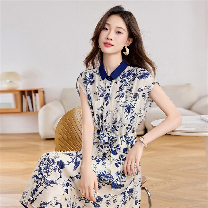 复古碎花天丝麻连衣裙女2025夏新款时尚撞色翻领收腰气质衬衫裙子,女装连衣裙,关键词