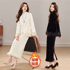 冬季新款加厚丝绒小立领新中式镂空花真毛洋气显瘦气质两件套裙女，女装套装/套裙，央宝儿