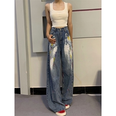 【有货】美式复古涂鸦扎染牛仔裤男女同款宽松裤子NZ803LL-特P55，男装牛仔裤，星座1007（原301D）