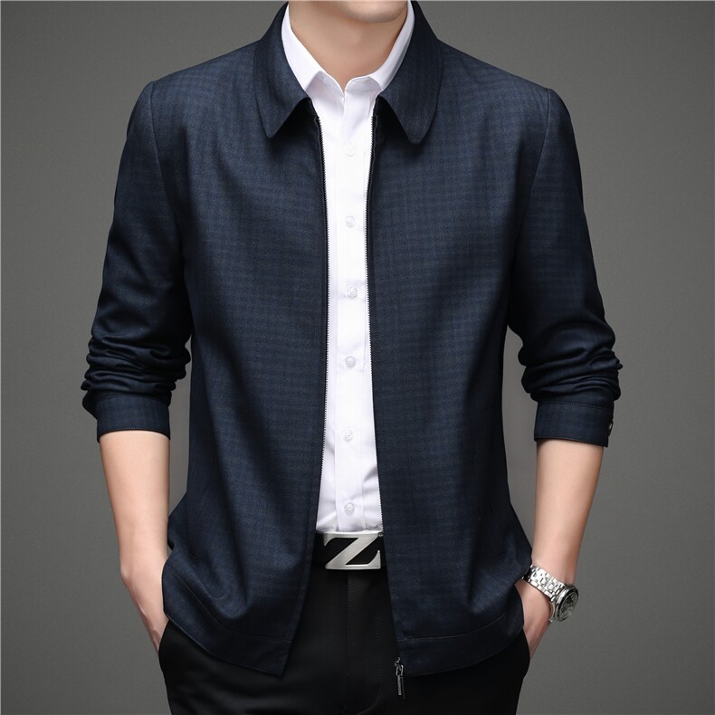 高品质新款中老年薄款羊毛呢夹克衫翻领含羊毛男士休闲外套爸爸装，男装夹克，钱塘723