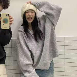 高级灰连帽针织毛衣衫男女2026春季古着复古宽松外套V17-P55网图图片