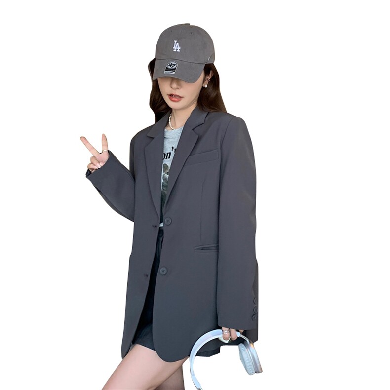 灰色后开叉小众设计感西装外套女2023春秋新款韩系小个子宽松西服,女装西装,菡迪欧娜