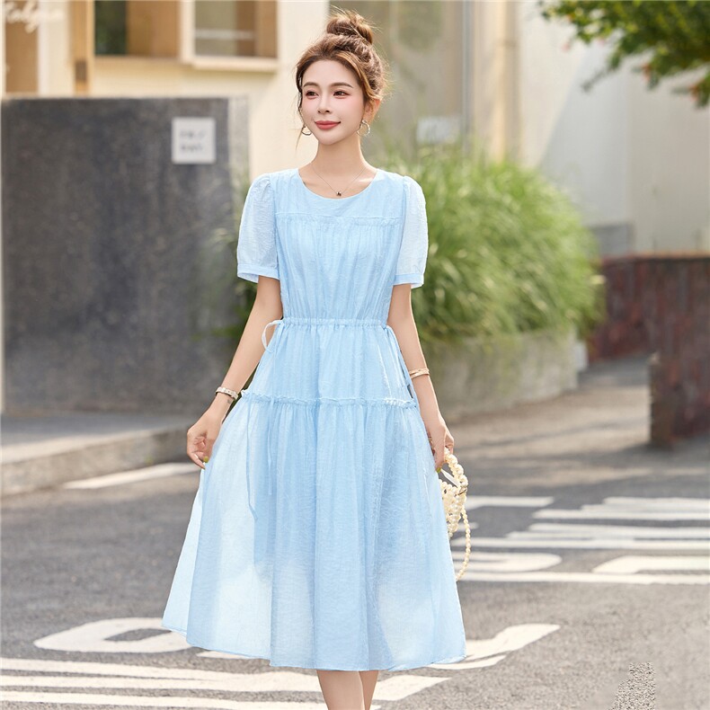 清新洋气减龄蓝色短袖连衣裙女2025夏季新款抽绳收腰显瘦休闲裙子,女装连衣裙,布芭啦