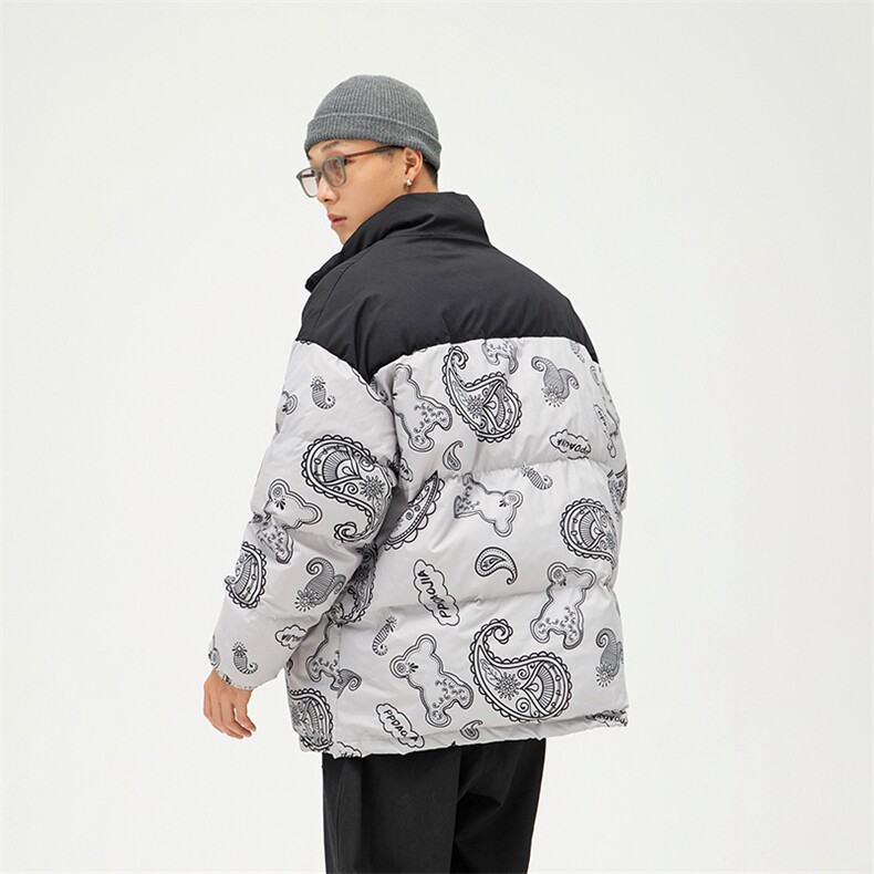 2023冬季新款大码男无影墙腰果花小熊印花宽松棉服M7311-p90,男装棉衣,电商A082