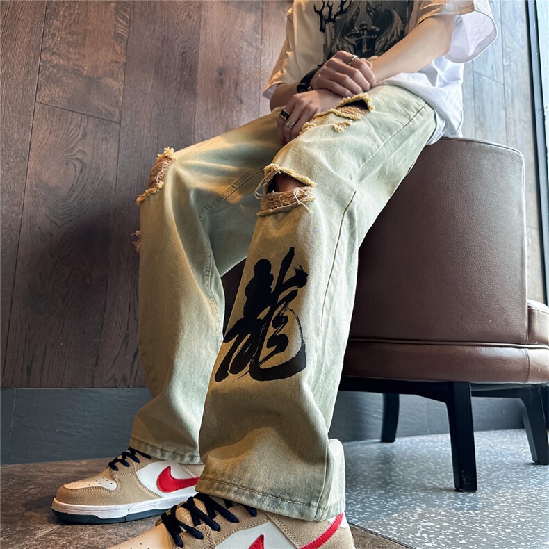 k1079-p55-控78M-5XL现货oversizecleanfit显瘦黄泥牛仔裤破洞,男装牛仔裤,星座116