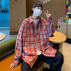 风盘扣格子衬衫男士春秋新款宽松长袖衬衣ins潮牌痞帅情侣外套，男装衬衫，星座601-2