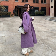 紫色双面羊绒大衣女2025冬季新款韩系超好看高级感围巾款毛呢外套，女装羊绒大衣，2C056