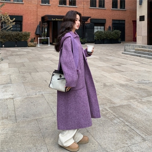 紫色双面羊绒大衣女2025冬季新款韩系超好看高级感围巾款毛呢外套图片