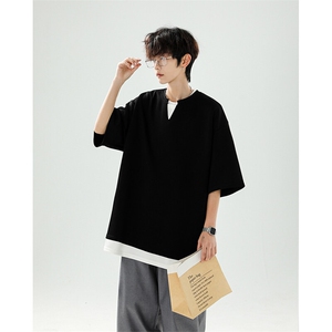 8XL-M 特大码短袖男假两件五分袖高品质空气层宽松上衣DX321P35图片