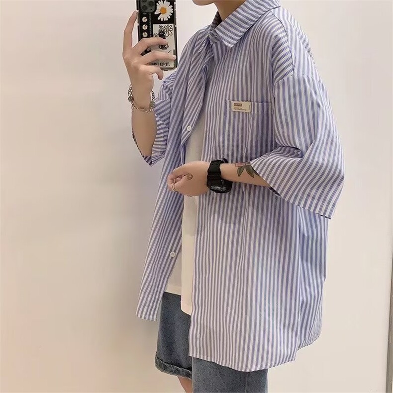 港风条纹五分短袖衬衫男夏季韩版ins上衣服潮流宽松情侣衬衣外套图片