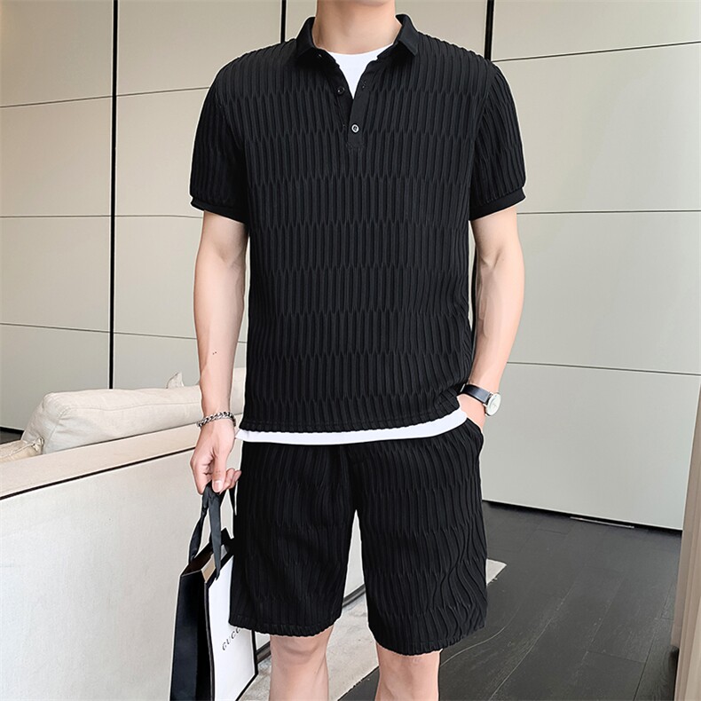 黑色2022精神小伙修身男士短袖T恤短裤休闲套装TZ28-P85控115图片