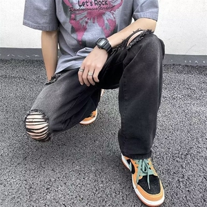 美式复古破洞直筒牛仔裤男设计感潮牌百搭高街休闲长裤N2328-P40图片
