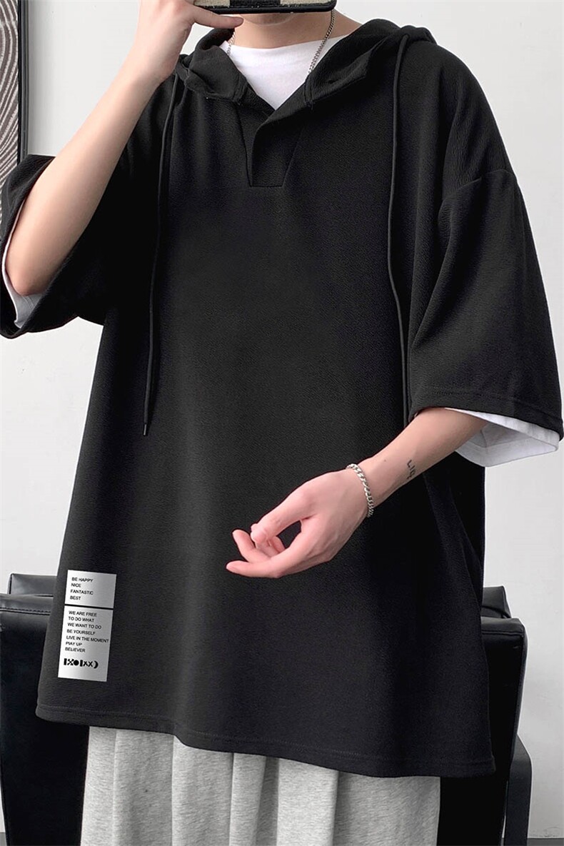 LD54045-P45连帽短袖t恤男大码胖子带帽五分袖中袖大皂风,男装T恤,电商A040