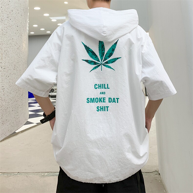 套头情侣短袖树叶印花连帽宽松男士半袖防嗮外套短袖T恤衫T55,男装T恤,电商A020