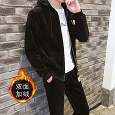 秋冬加绒加厚两件套运动连帽金丝绒开衫卫衣套装男TZ41，男装卫衣，电商A441