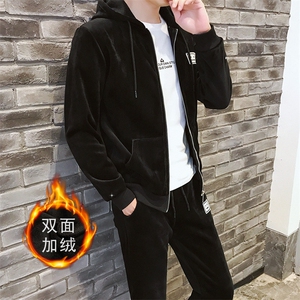 秋冬加绒加厚两件套运动连帽金丝绒开衫卫衣套装男 TZ41图片