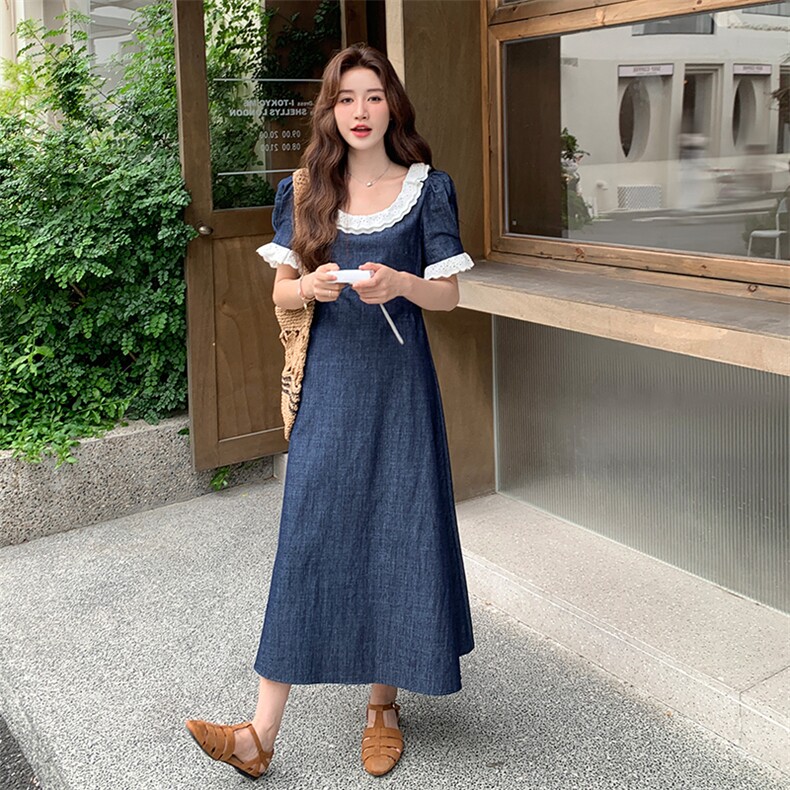 日系复古蕾丝边梨型身材显瘦长裙女2025夏季新款文艺范牛仔连衣裙,女装连衣裙,2C009