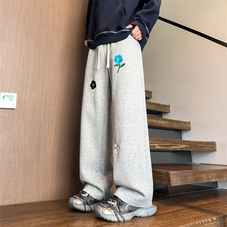 wassuphappy花卉刺绣卫裤男款春秋季潮流重磅直筒阔腿裤休闲裤子,男装休闲裤,电商B220